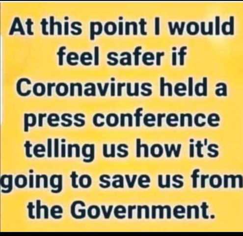 At this point, I would feel safer if coronavirus held a press confernce telling us how it's gonna save us from the govt.