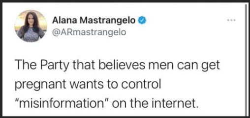 The party that believes men can get pregnant wants to control misinformation on the web.